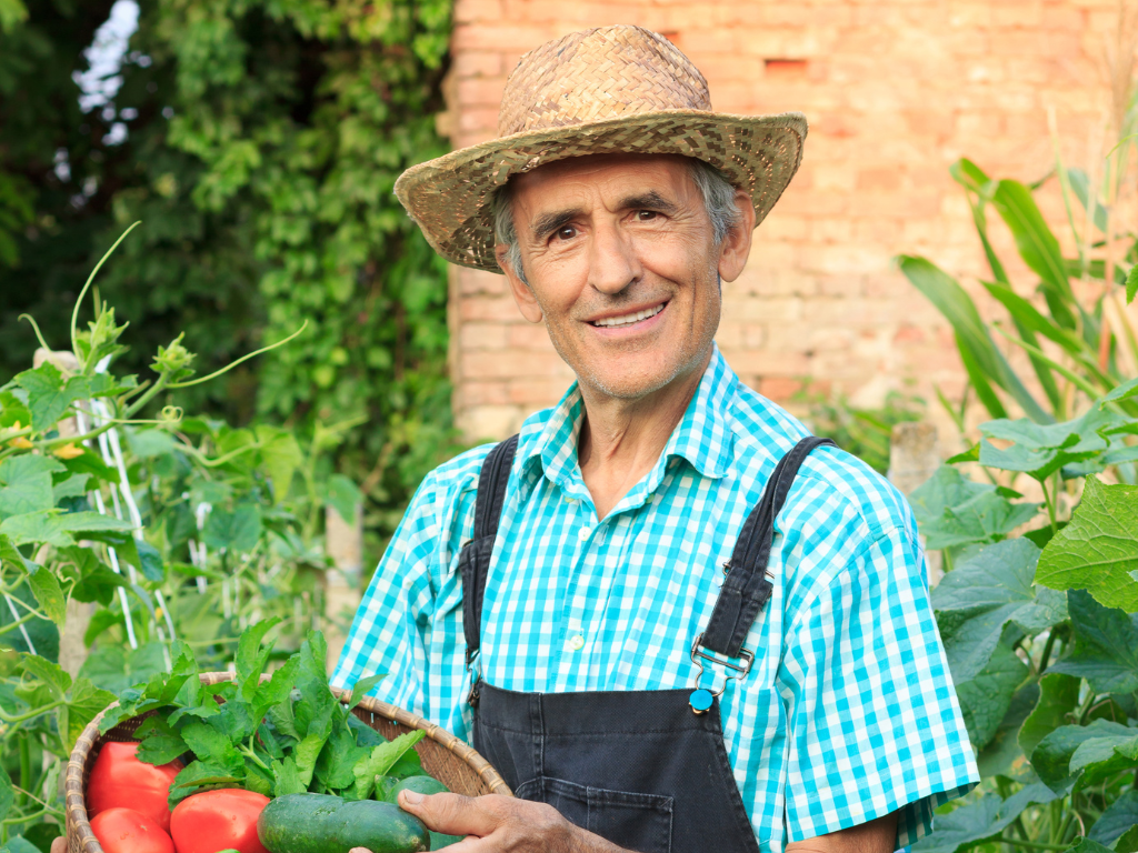 Man standing in a garden, holding vegetables